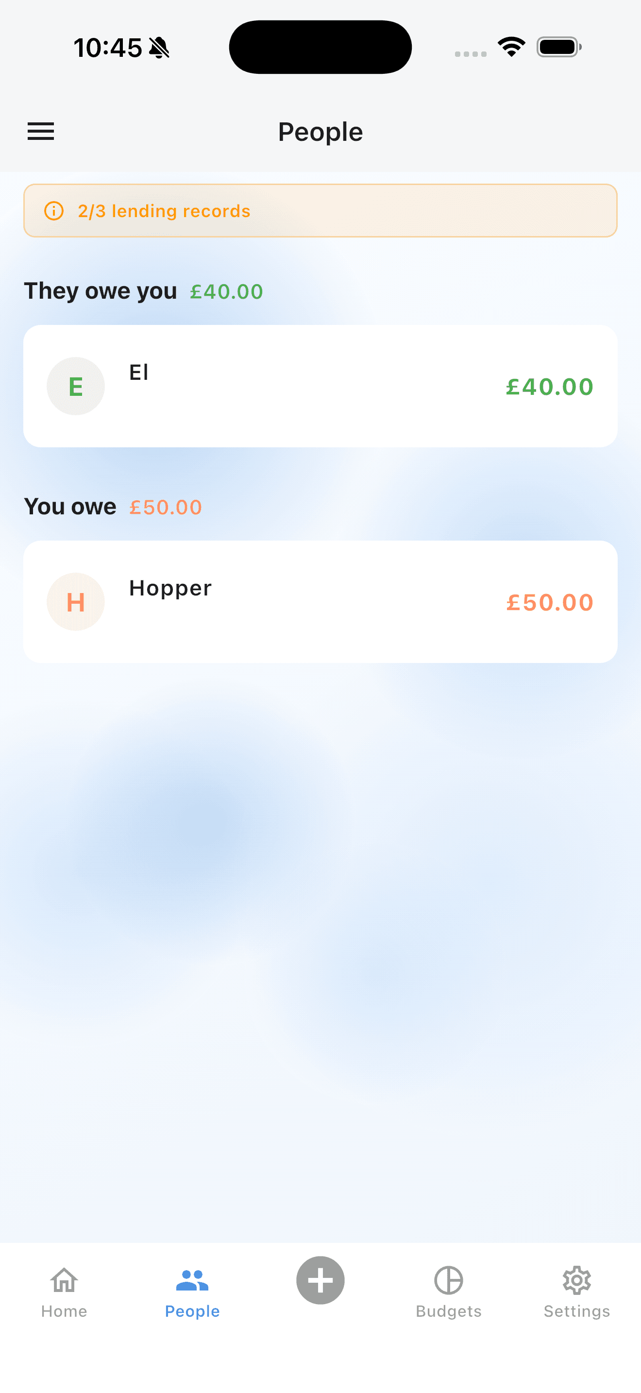 Spend Split lending tracker showing money lent to friends with due dates and repayment progress